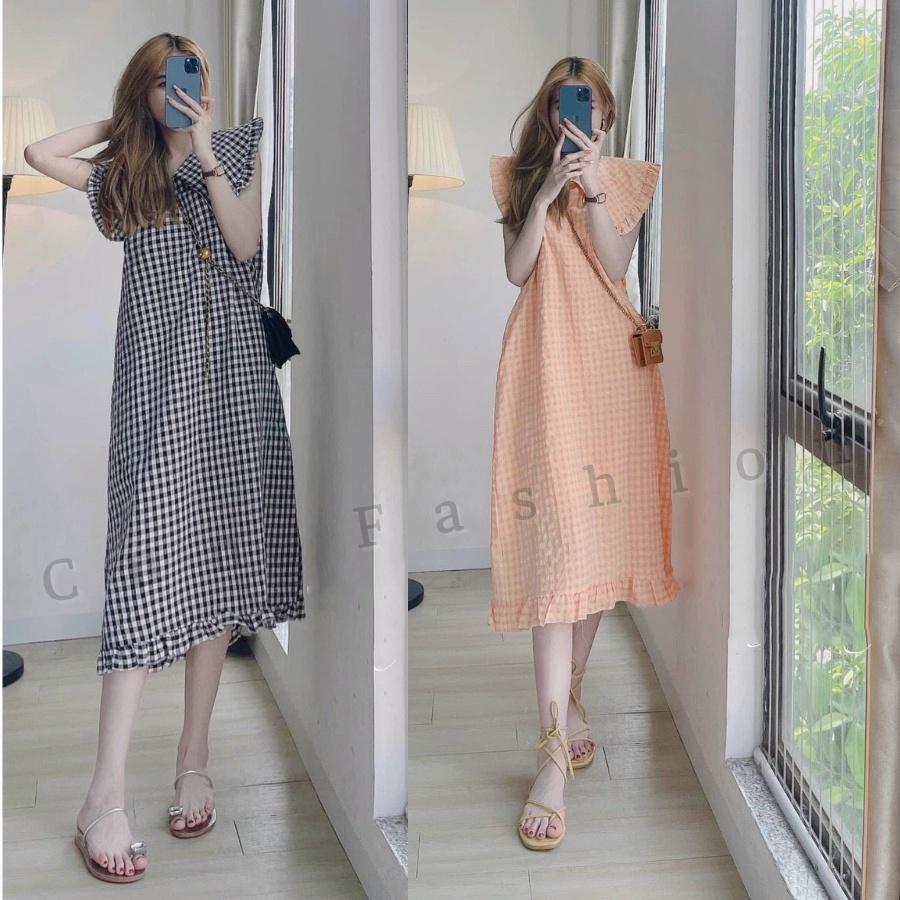 Đầm Maxi Cổ Vuông Tay Phồng / Váy Suông Dài Kẻ Caro Tiểu Thư MX020 Màu HotTrend Cun Fashion