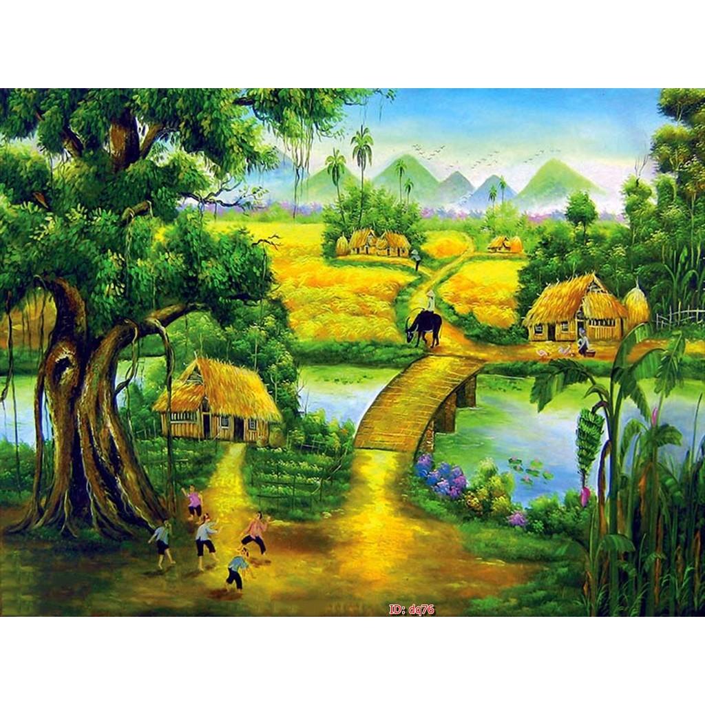 Tranh đồng quê cánh đồng mùa gặt quê hương tôi, tranh dán tường 3d hiện đại - tích hợp sẵn keo
