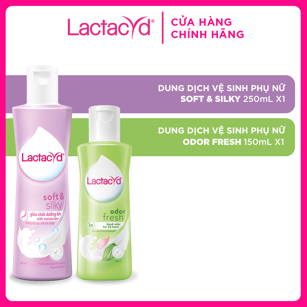 Bộ Dung Dịch Vệ Sinh Phụ Nữ Lactacyd Soft &amp; Silky Dưỡng Ẩm 250ml + Odor Fresh Ngăn Mùi 24H 150ml