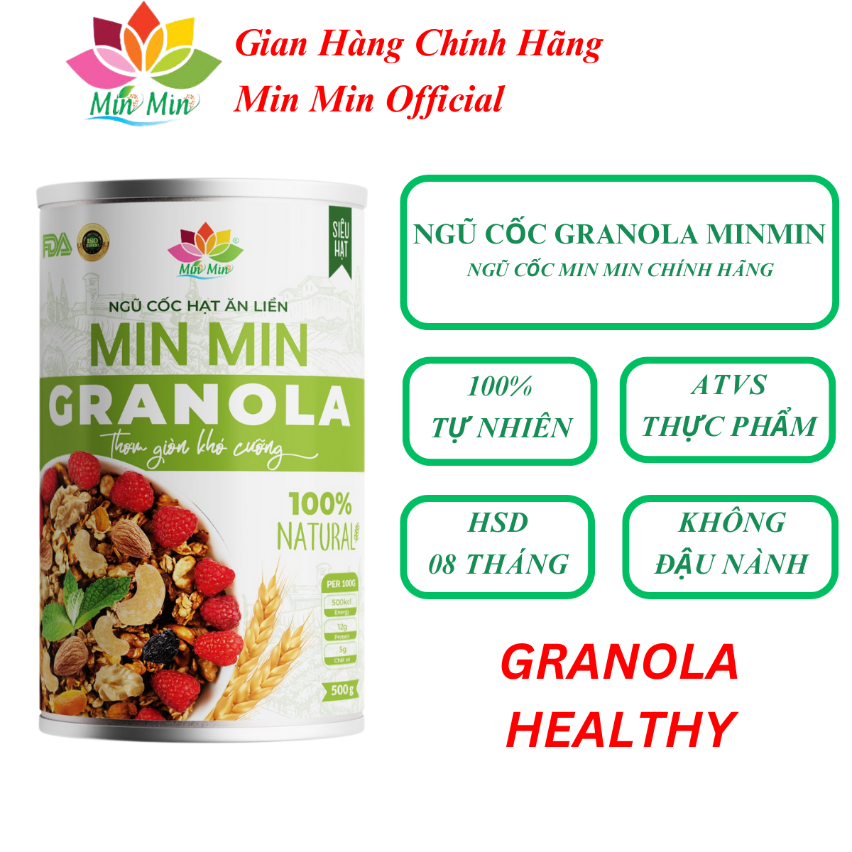 2 Hộp (1kg) Ngũ Cốc Granola Min Min - Ngũ Cốc Hạt Ăn Liền Granola Min Min (1hộp 500gr)