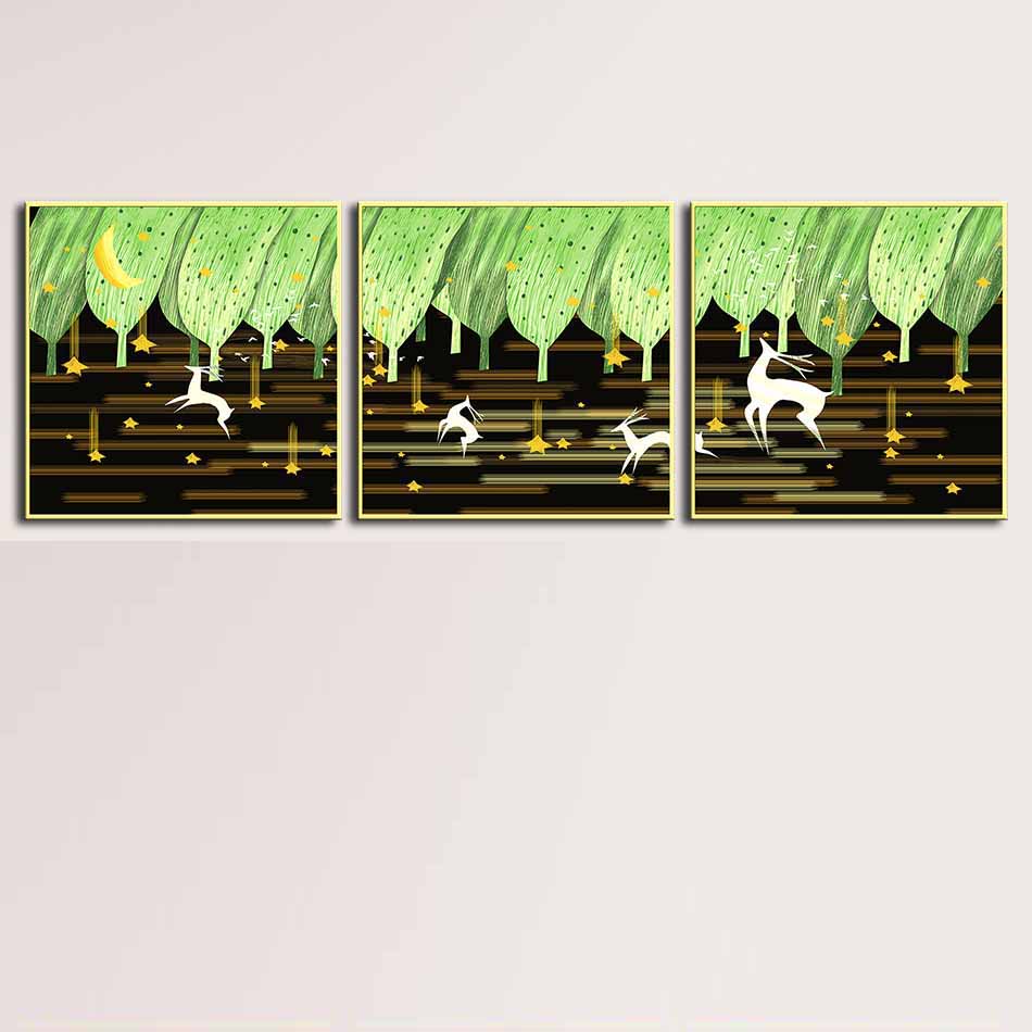 Bộ 3 tranh canvas treo tường Decor họa tiết cách điệu hươu và rừng cây, phong cách hiện đại - DC029