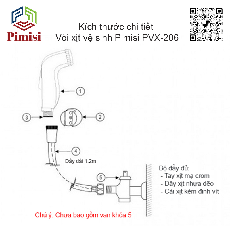 Vòi Xịt Bồn Cầu Vệ Sinh Phòng Tắm Pimisi PVX-206 Chịu Áp Lực Nước Lớn Như Chung Cư, Nhà Cao Tầng Hay Máy Tăng Áp Mạ Màu Inox, Với Tay Xịt Toilet WC Chìm Chống Gãy - Bể - Vỡ Và Dây Nhựa Dẻo Cao Cấp - Mềm - Trơn Bề Mặt | Hàng Chính Hãng