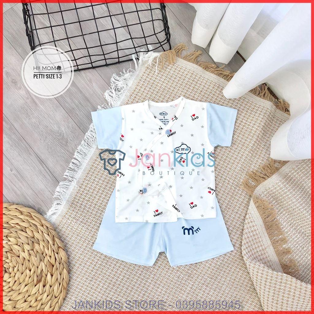 Bộ quần áo sơ sinh cộc tay cài cúc lệch HI! MOM chất petit thun lạnh hoạ tiết I love Dad/Mom/Family phối tay, quần màu