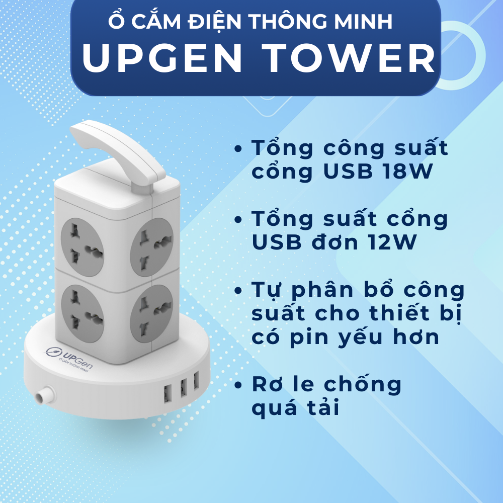 Ổ Cắm Điện Đa Năng UPGEN TOWER Dạng Tháp Nhiều Tầng Chịu Tải Lớn, 3 cổng USB Sạc Nhanh, An Toàn Chống Cháy, Chống Giật, Dây Dài 3m, BH 12 tháng