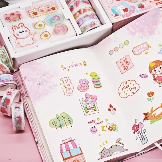 Hộp 5 cuộn Washi và 9 miếng sticker dễ thương