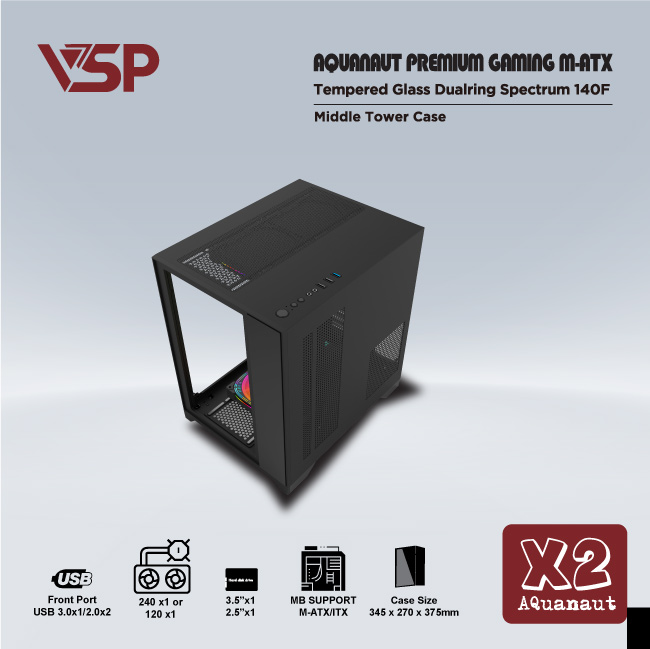 Vỏ máy tính Case VSP X2 Aquanaut [ĐEN] không Fan Kính cường lực 2 mặt (M-ATX,I-ATX) - Hàng chính hãng Tech Vision phân phối