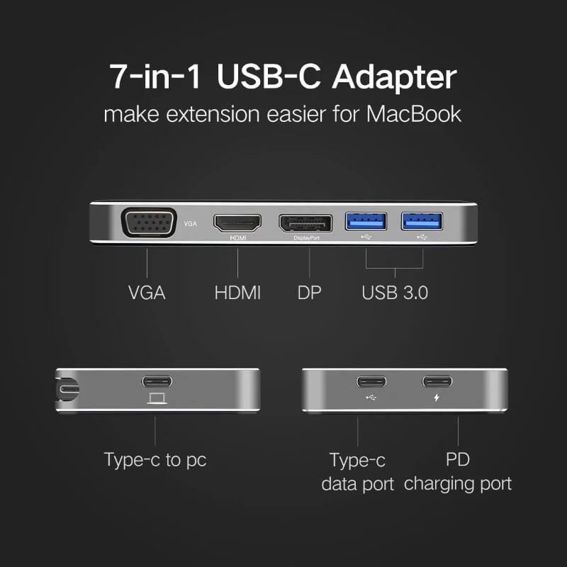 Ugreen UG40872CM120TK Màu Đen Bộ chuyển đổi TYPE C sang 2 USB 3.0 + DP + HDMI + VGA + chuyển dữ liệu + nguồn TYPE C - HÀNG CHÍNH HÃNG