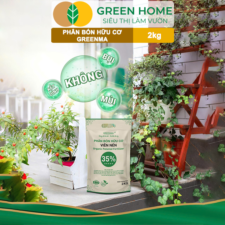 3 Túi Phân Bón Hữu Cơ Viên Nén Greenma 35%, GreenHome, Túi 2kg, Chuyên Cho Cây Cảnh, Hoa Màu Trồng Chậu