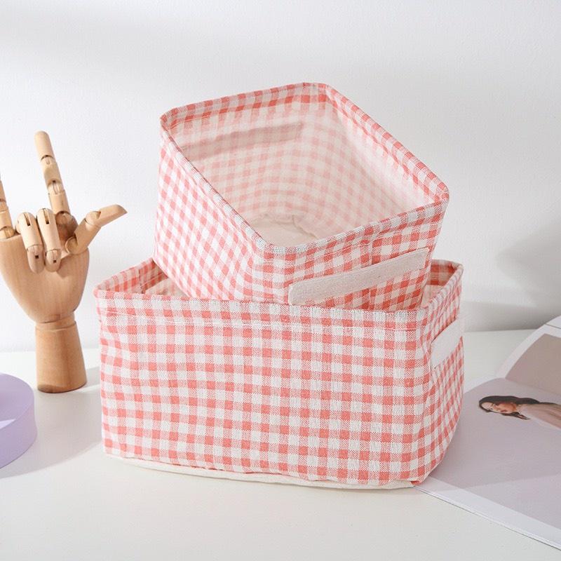 Hộp vải đựng đồ, giỏ vải kẻ cara màu hồng dễ thương có quai xách, giúp sắp xếp mỹ phẩm, sách vở, quần áo gọn gàng