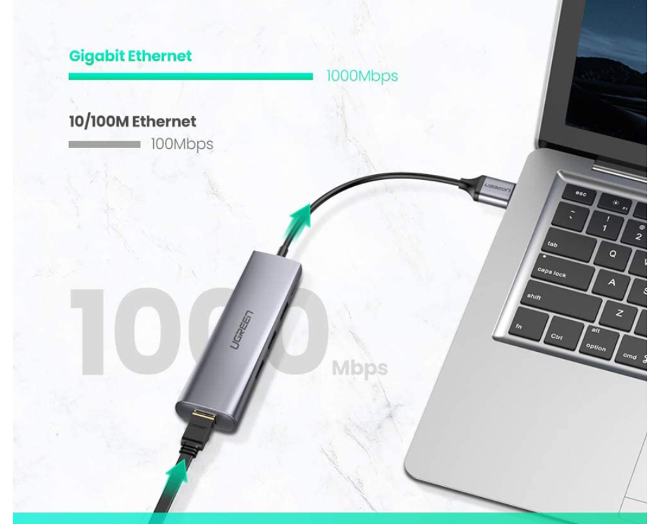 Hub usb 3.0 ra 3 cổng + RJ45 Gigabit Ethernet nguồn micro usb 20CM màu xám Ugreen 266HUB60812CM Hàng chính hãng