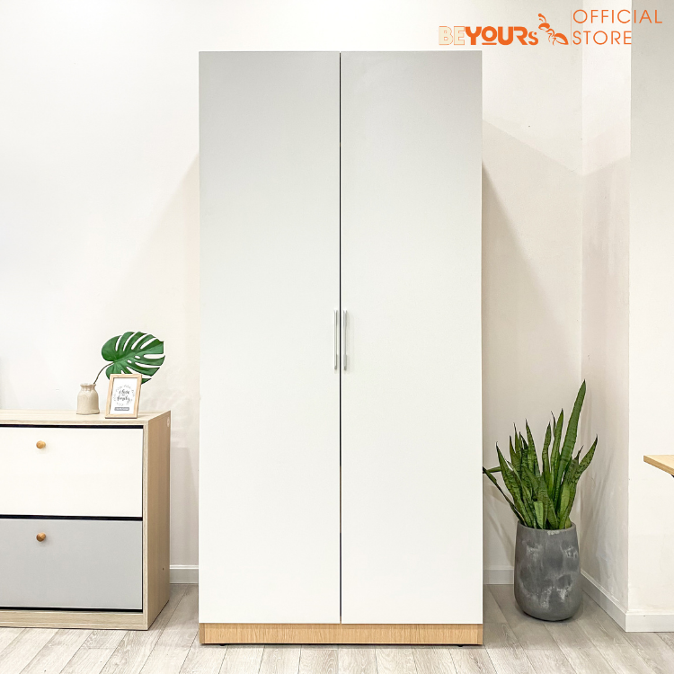 Tủ Quần Áo Gỗ Cửa Mở BEYOURs Mina 2 Cánh Màu Trắng Phối Gỗ Hiện Đại Thiết Kế Nhiều Ngăn Tiện Dụng