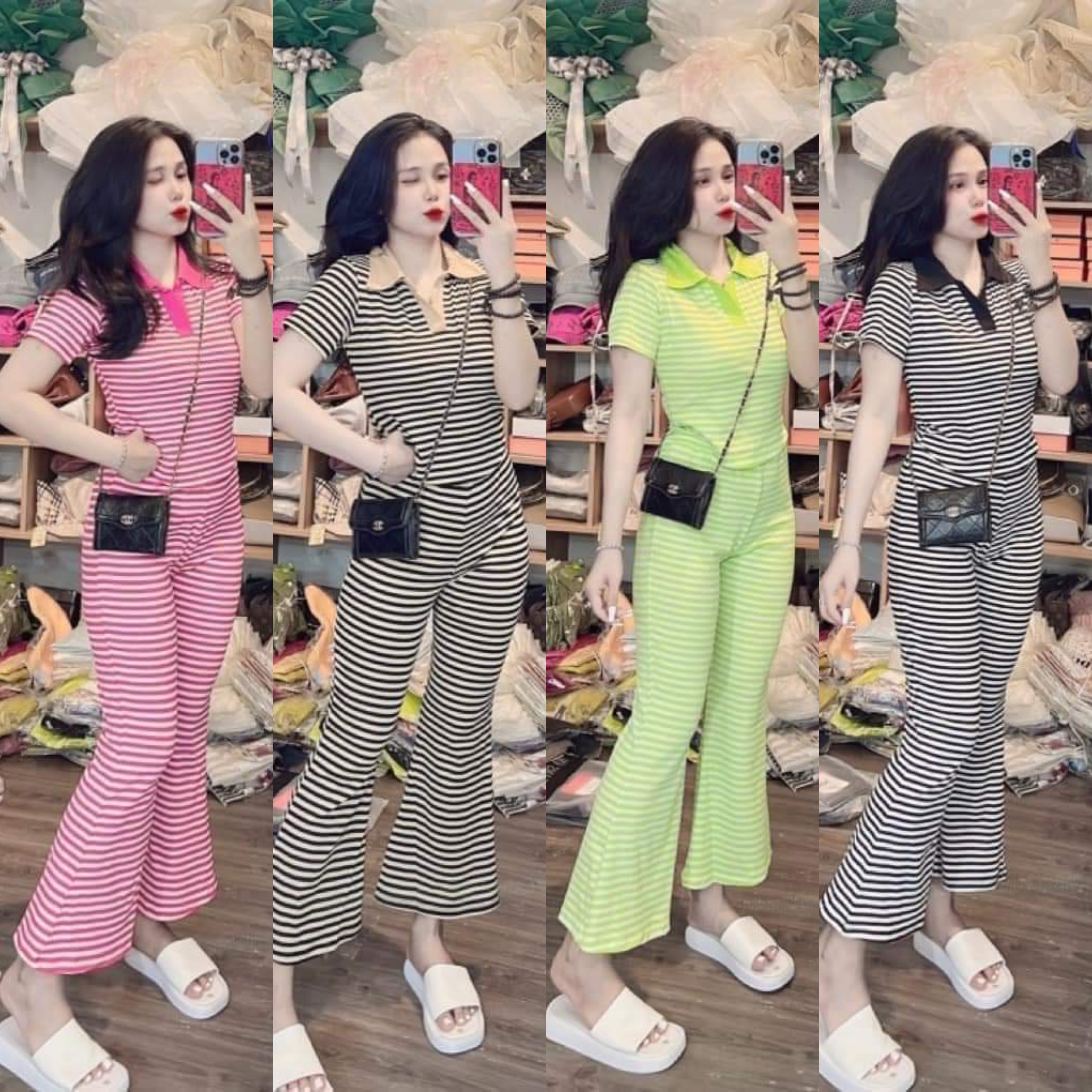 Sét Bộ Thun Sọc Áo Có Cổ Quần Dài Ồn Loe Cao Cấp Rẻ Đẹp