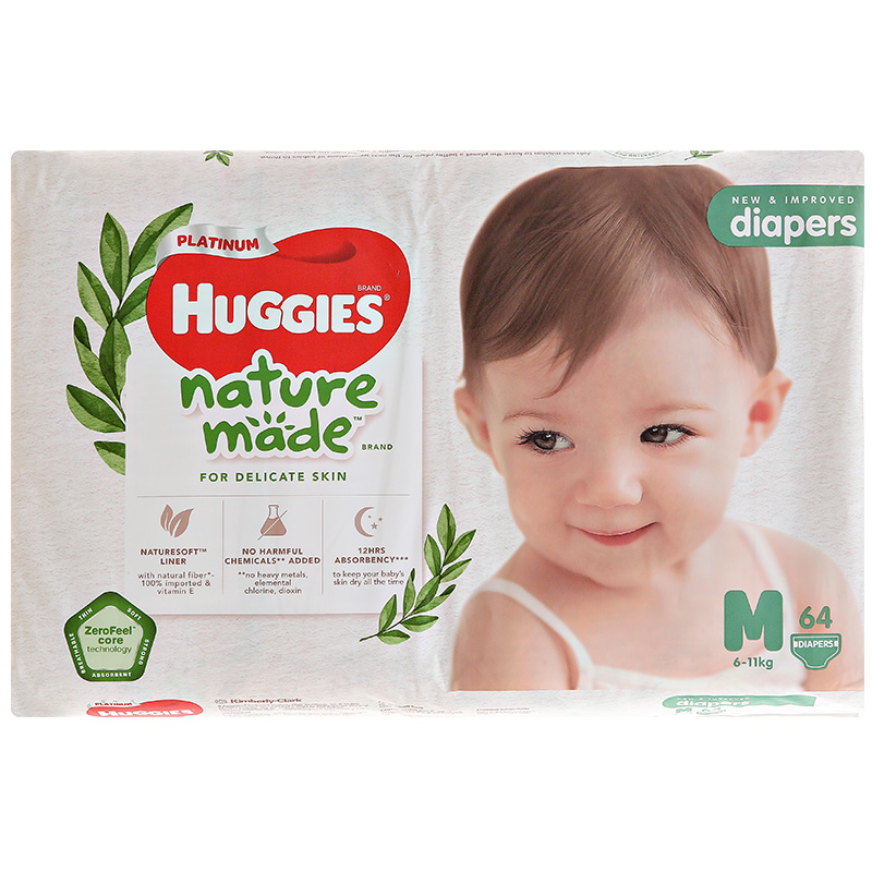 Tã dán siêu cao cấp Huggies Platinum Naturemade M64 (6 - 11 kg)