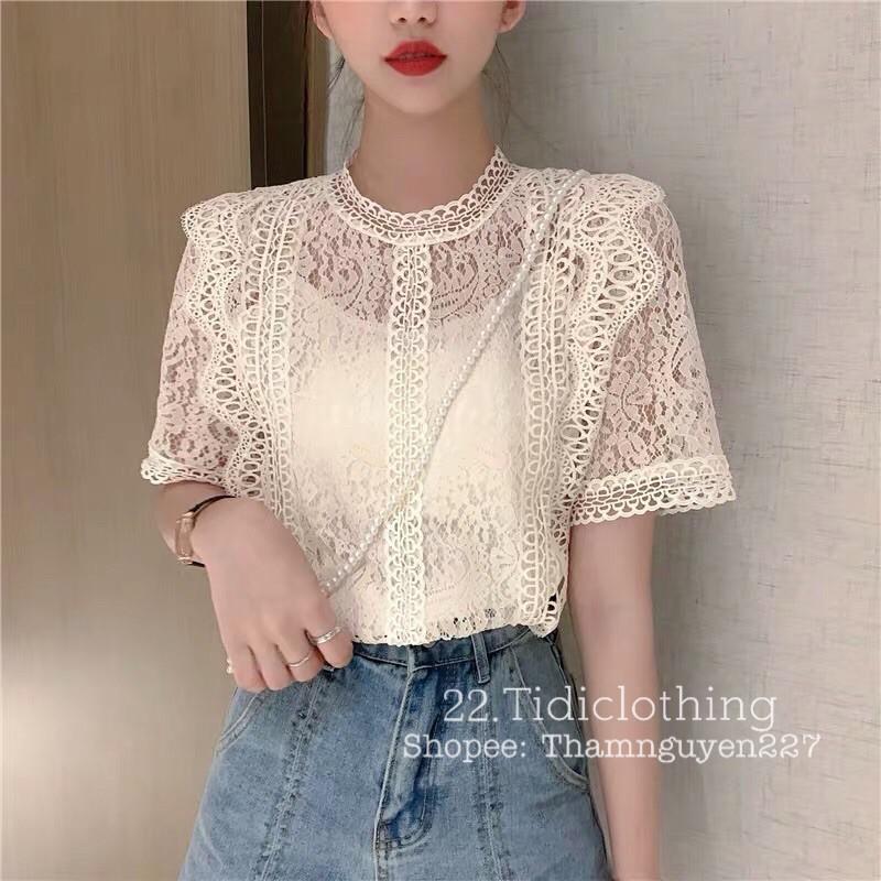 Áo sơ mi kiểu ren cổ tròn có lót trong, áo sơ mi bigsize