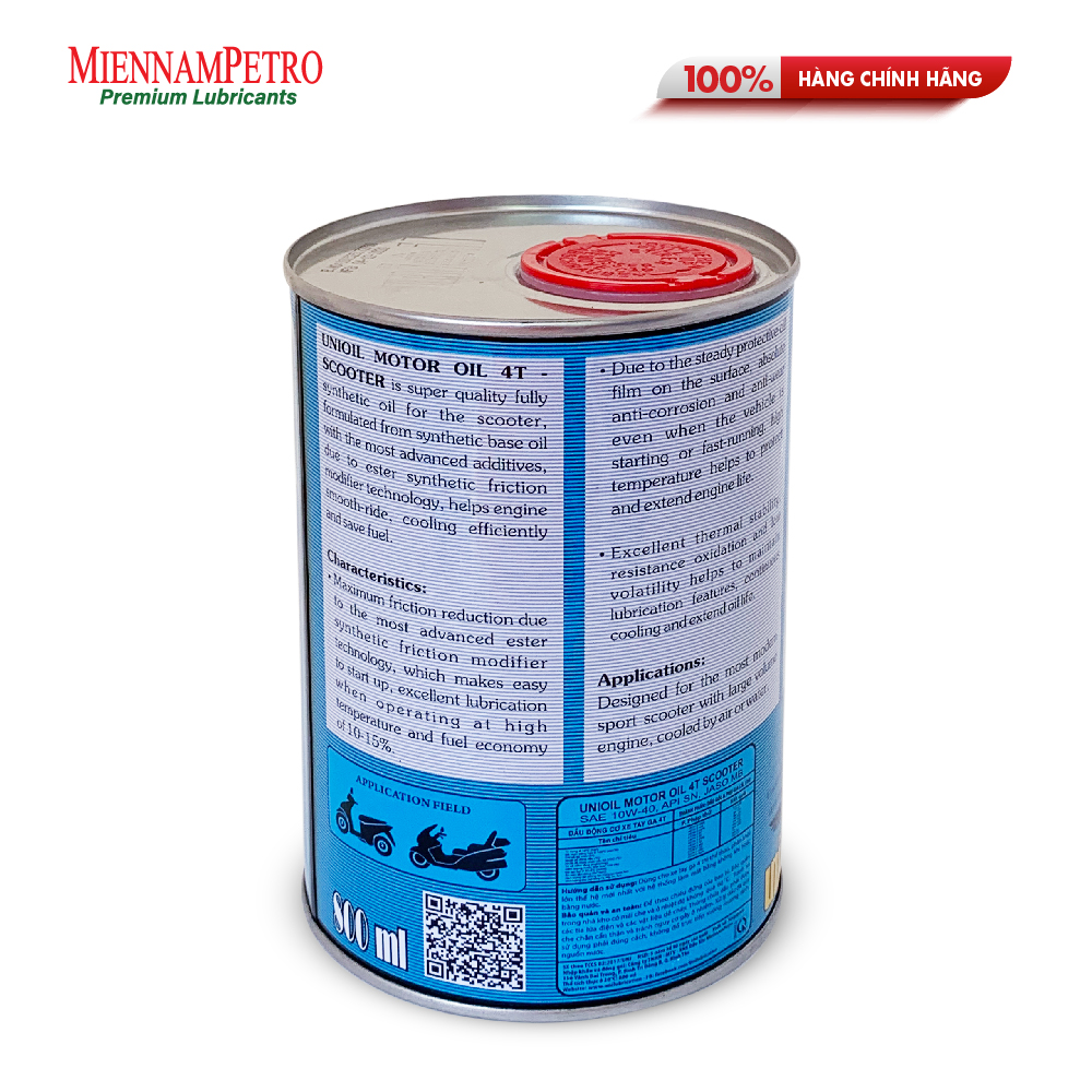 Dầu Nhớt Tổng Hợp MiennamPetro Unioil Motor Oil 4T Scooter 10W-40 API SN JASO MB 0.8L Cao Cấp Dành Cho Xe Tay Ga