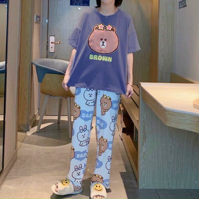 Đồ bộ Pyjama phối áo thun ngắn tay quần dài rộng thoải mái in hình gấu Brown B&amp;F năng động xinh xinh chất cotton mát mẻ mềm mịn