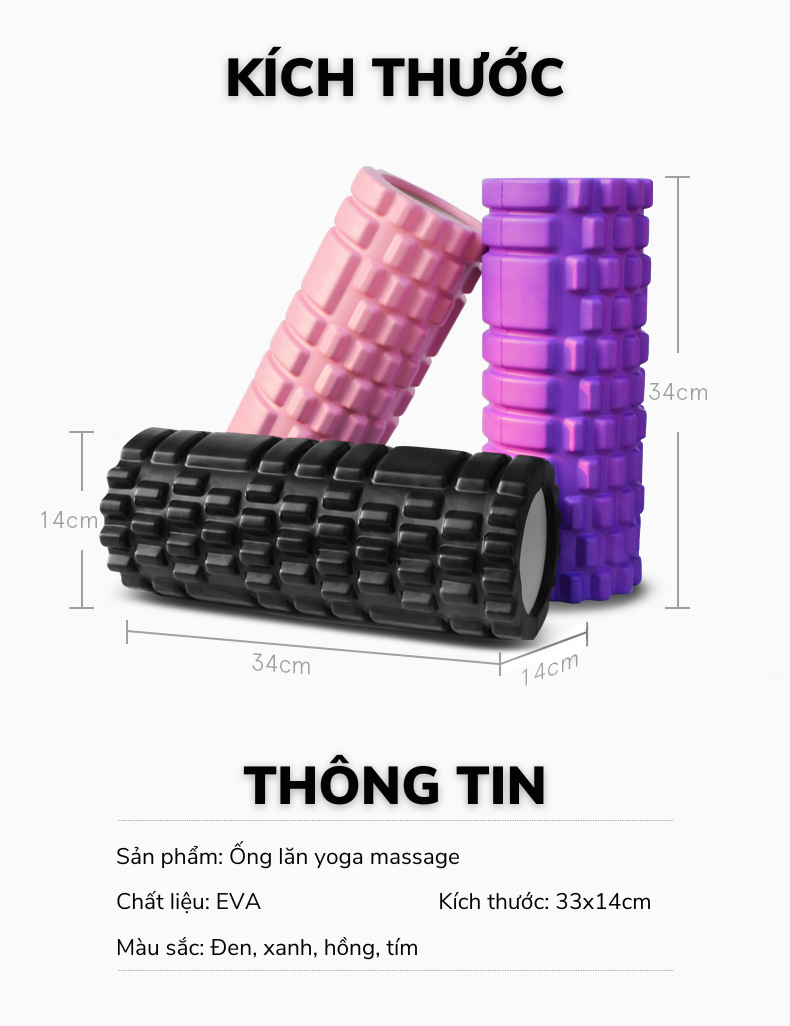 Con lăn Yoga Massage Foarm Roller , ống lăn gai nhọn 33x13cm, chất liệu EVA cao cấp, hỗ trợ các bài tập yoga, gym