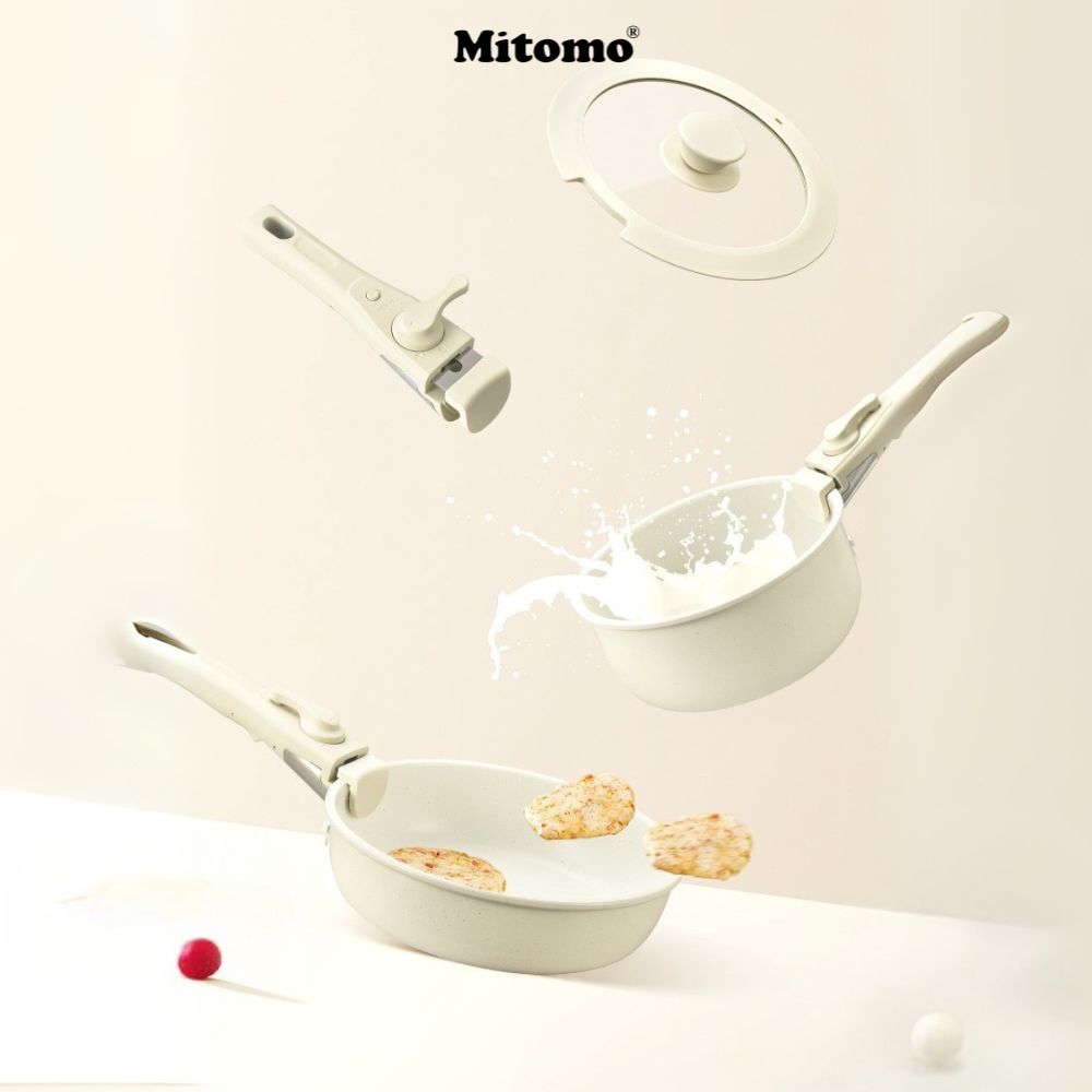 Bộ nồi chảo đá gốm Mitomo chống dính cao cấp 5 món có tay cầm tháo rời, dùng cho mọi loại bếp - Hàng chính hãng