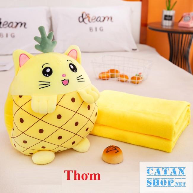 GỐI MỀN 3 trong 1 Trái Cây hình thú cute, thun 4 chiều siêu mịn, bộ chăn gối văn phòng