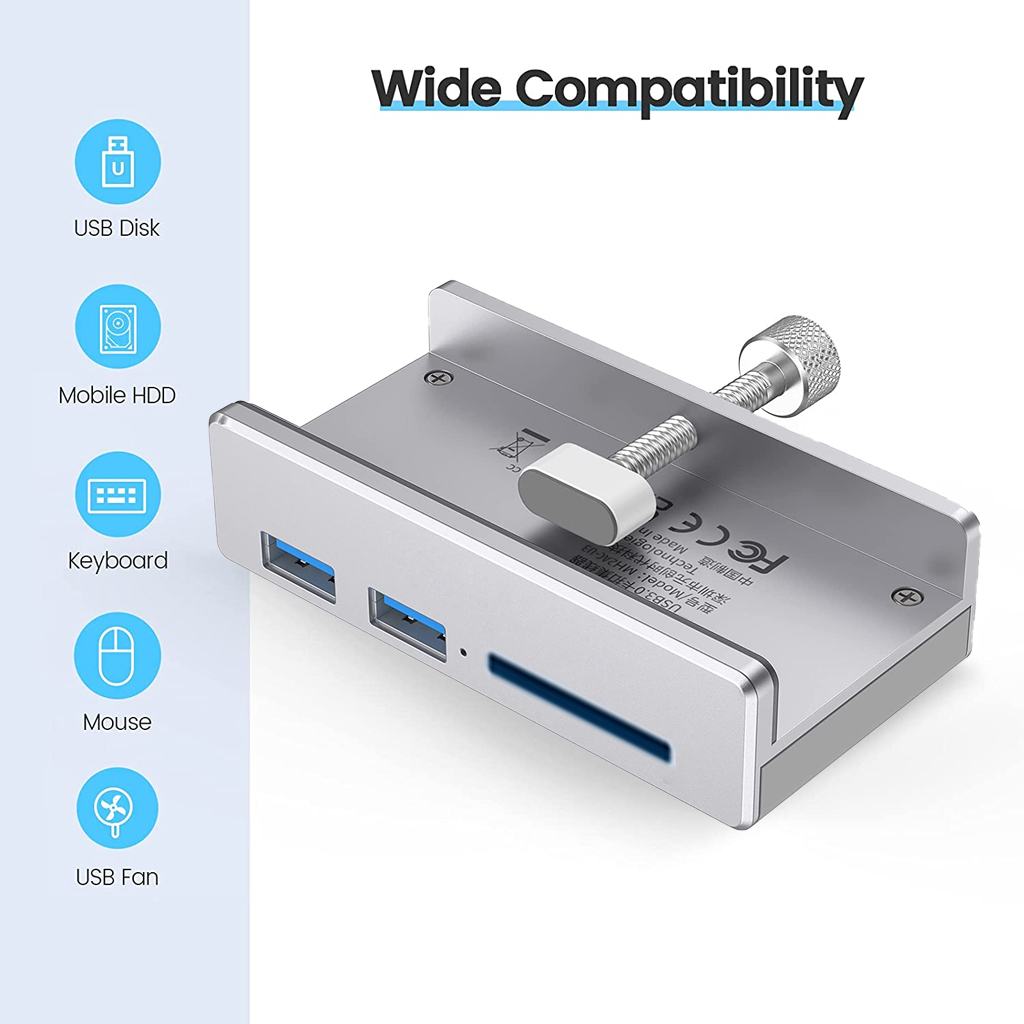 Hub Chia 3 Cổng USB 3.0 MH2AC-U3  Đầu Đọc Thẻ SD Dạng Kẹp Vỏ Nhôm  Dành Cho Máy Tính Laptop