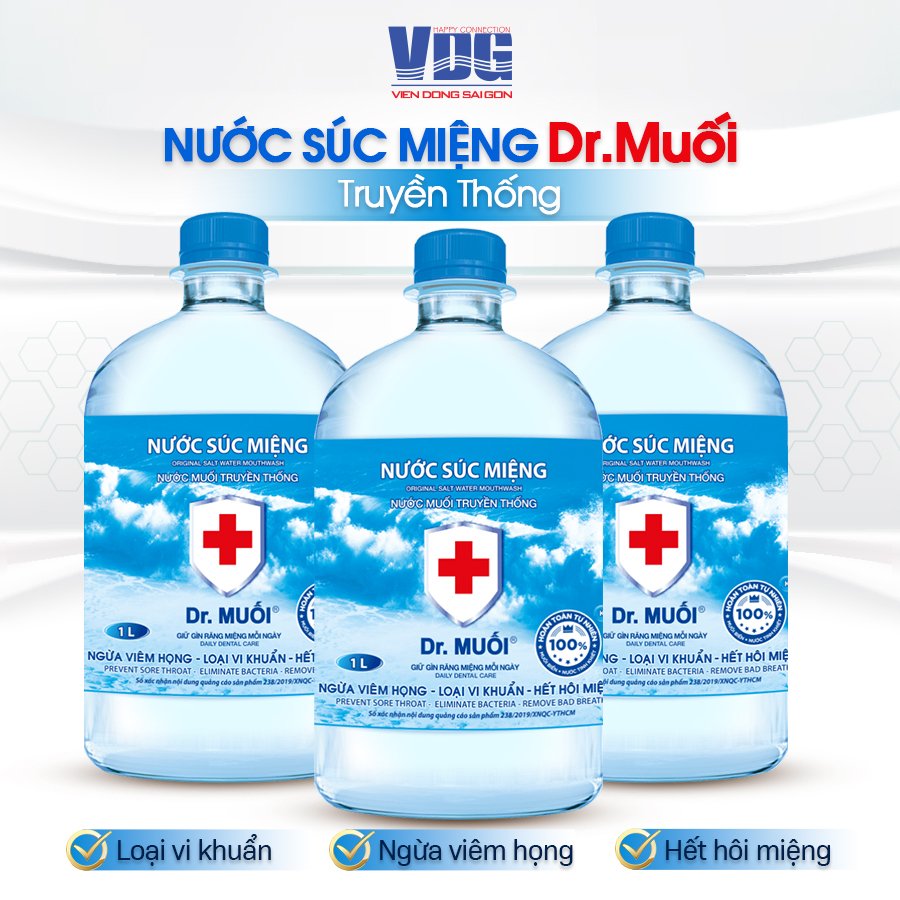 Nước súc miệng Dr. Muối truyền thống (1000ml)-Ngừa viêm họng, sâu răng, loại vi khuẩn, trắng răng, hết hôi miệng