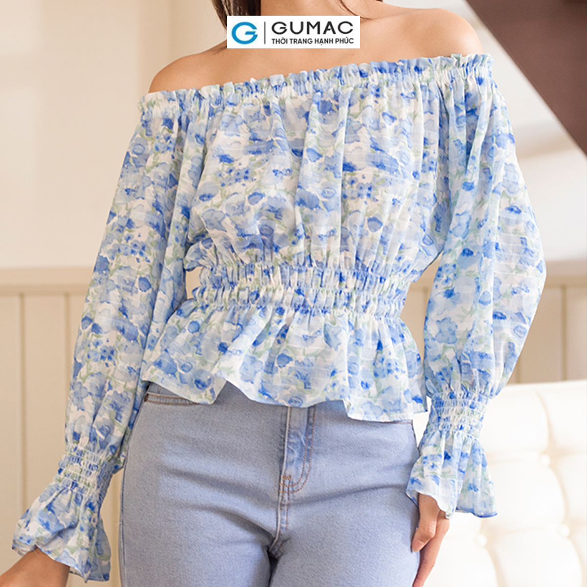 Áo kiểu hoa trễ vai thời trang GUMAC AD06022