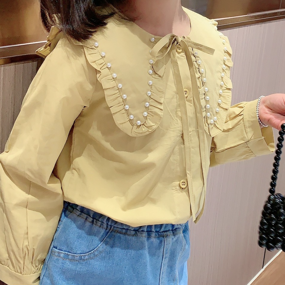 Áo sơ mi bé gái dài tay cổ phối ren 3-8 tuổi chất liệu vải thô cao cấp kiểu dáng thời trang