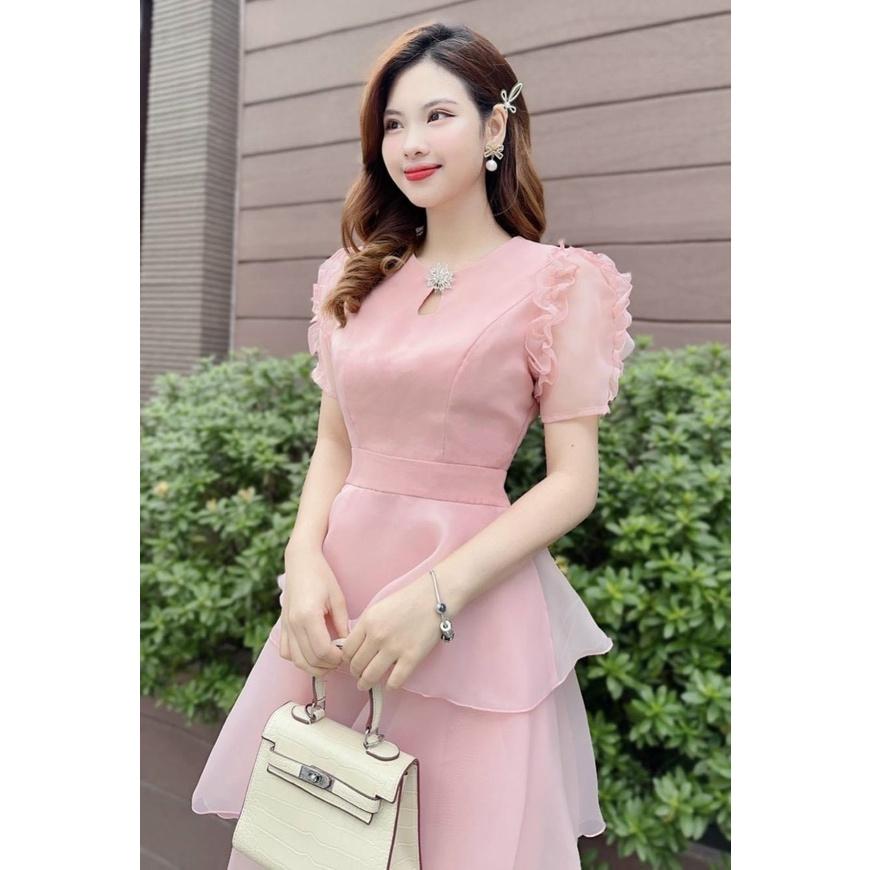 Đầm nữ dáng xòe tay bèo váy xếp tầng thiết kế thanh lịch dịu dàng