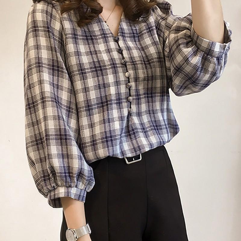 Áo tay dài cổ V kẻ sọc caro màu trơn cổ điển cho nữ