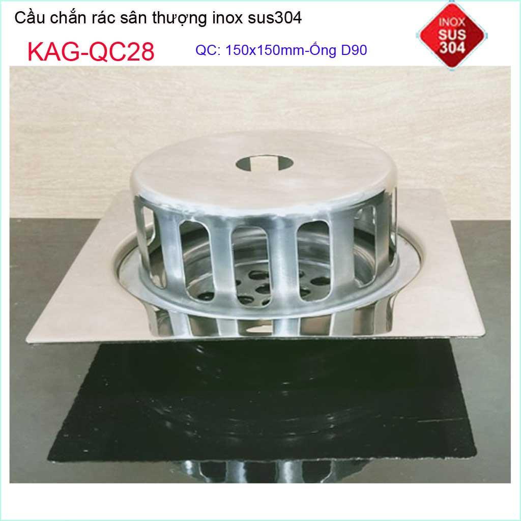 Cầu chắn rác đế vuông 15x15cm D90 KAG-QC28, thoát nước sân thượng SUS304 ống 9cm thoát nhanh chắn rác tốt