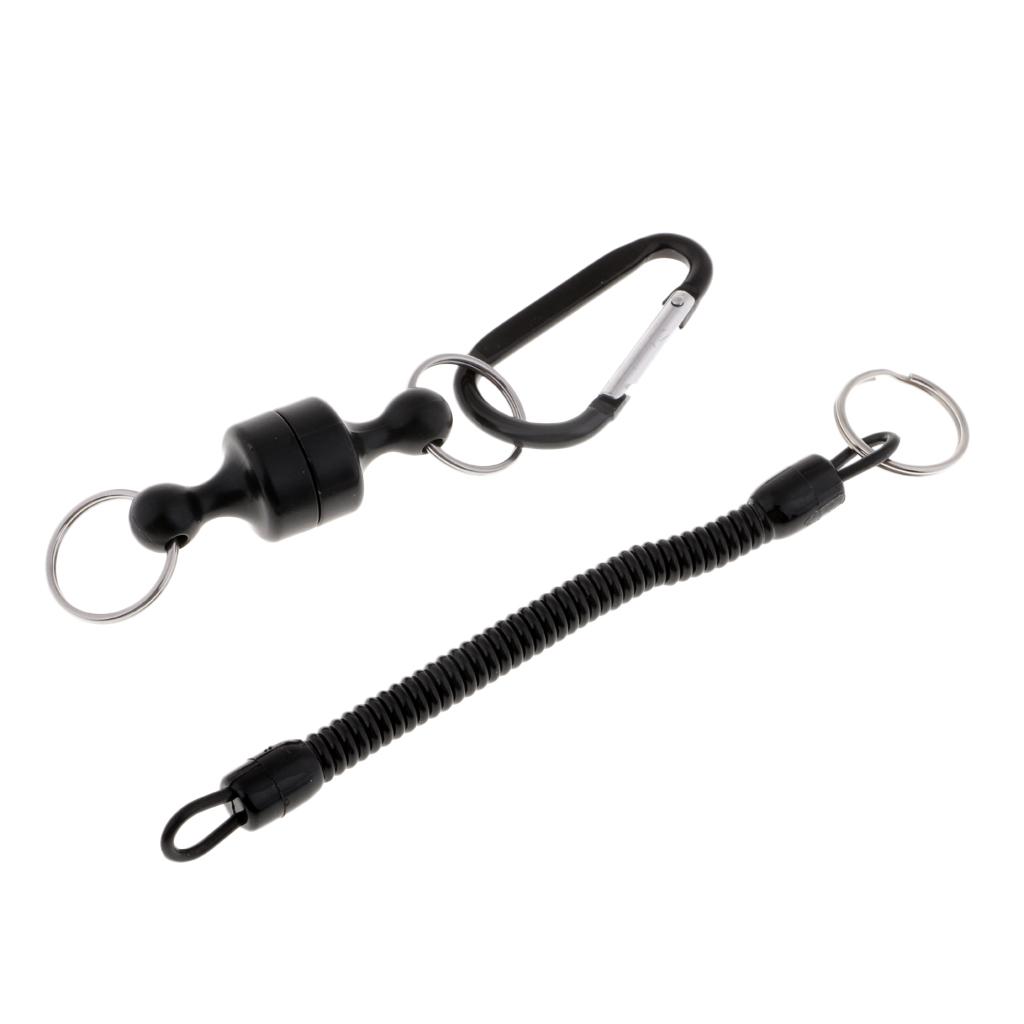 Steel Wire Fishing Coiled Lanyard w/ Magnetic Net Release & Buckle Black