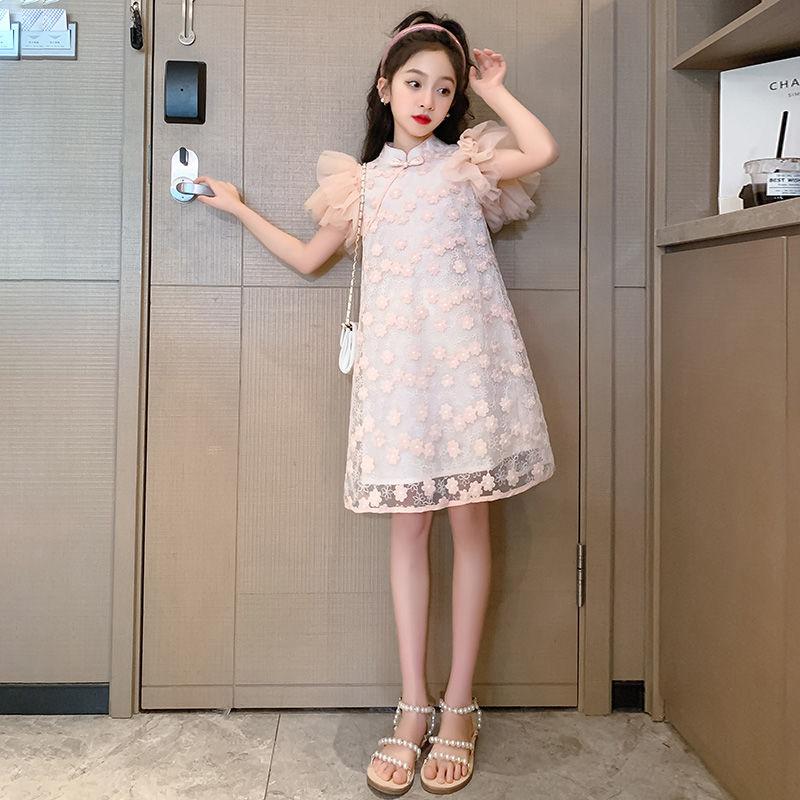 SHUANGYAN Đầm sườn xám cho bé gái Trang phục mùa hè 2023 Phong cách phương Tây Thời trang Hanbok váy công chúa cho bé gái váy mùa hè