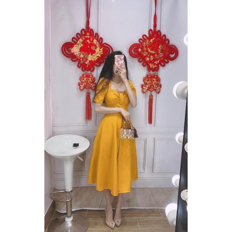 Đầm tay phồng nhún có mút ngực