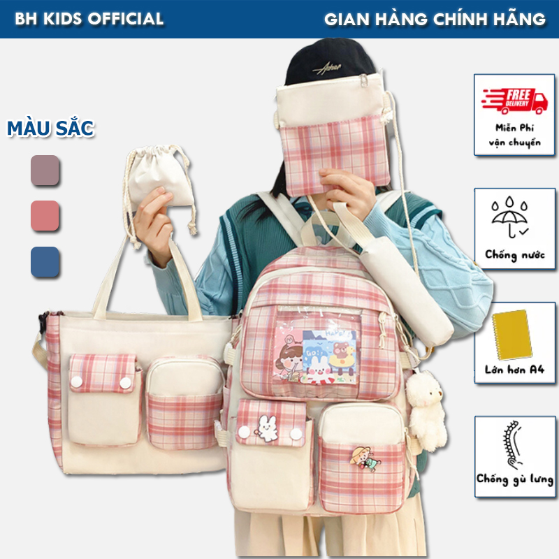 Combo 5 món BH Kids (tặng kèm stick, mica, ảnh và gấu như hình) Balo caro nữ, phiên bản Hàn Quốc, vải Nylon chống nước