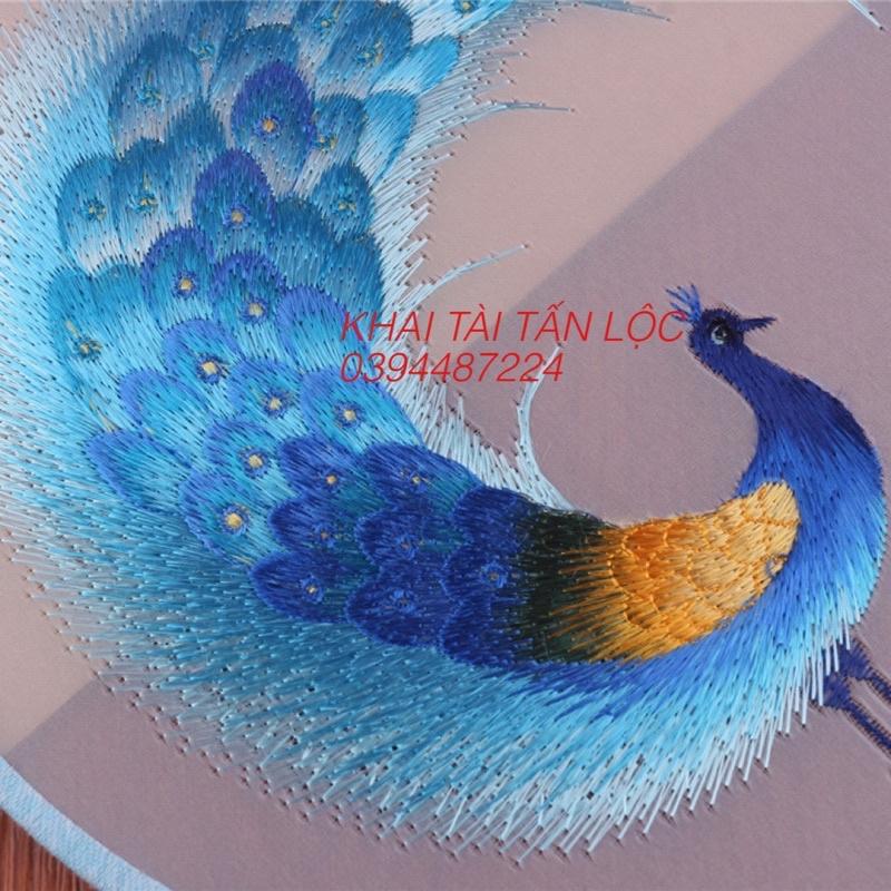 Quạt tròn cổ trang Tô Châu thêu chim công 2 mặt
