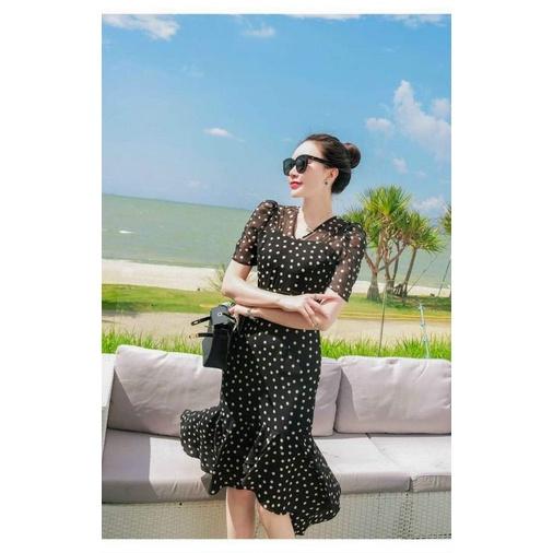 HÀNG NHẬP - ĐẦM LỤA BODY ĐUÔI CÁ CHẤM BI
