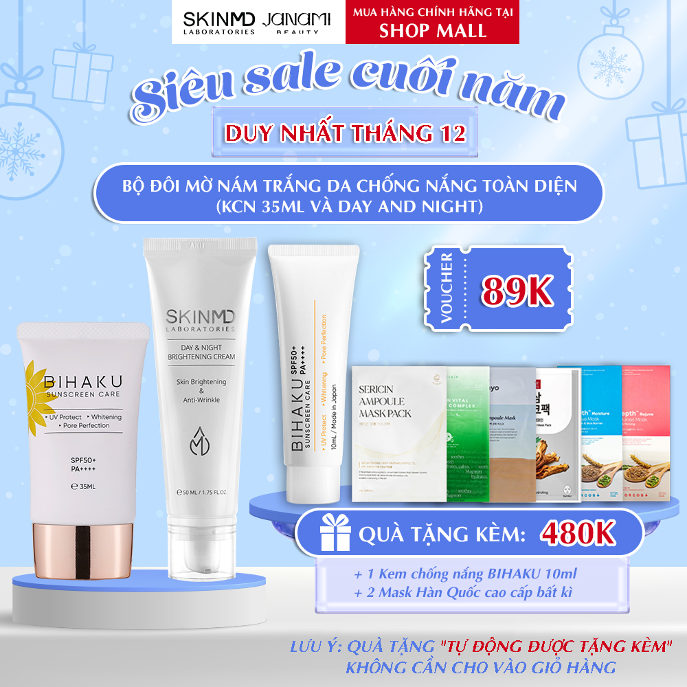 Ộ đôi chống nắng mờ nám BIHAKU SUNSCREEN CARE SPF50+ PA++++ 35g và SKINMD DAY & NIGHT BRIGHTENING CREAM 50g giúp làm mờ nếp nhăn sáng da