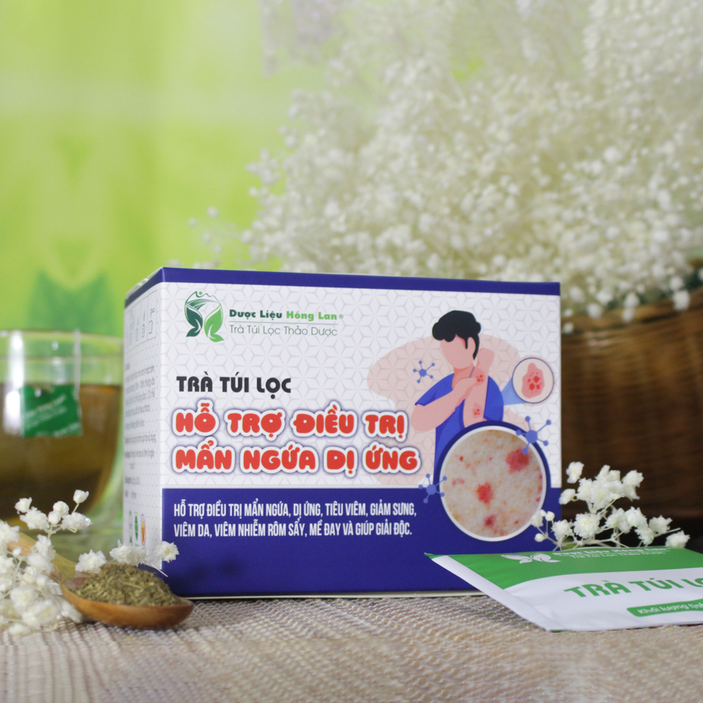 Trà hỗ trợ điều trị mẩn ngứa, dị ứng, viêm da, viêm nhiễm rôm sẩy, mề đay và giúp giải độc túi lọc hộp 60g Dược Liệu Hồng Lan