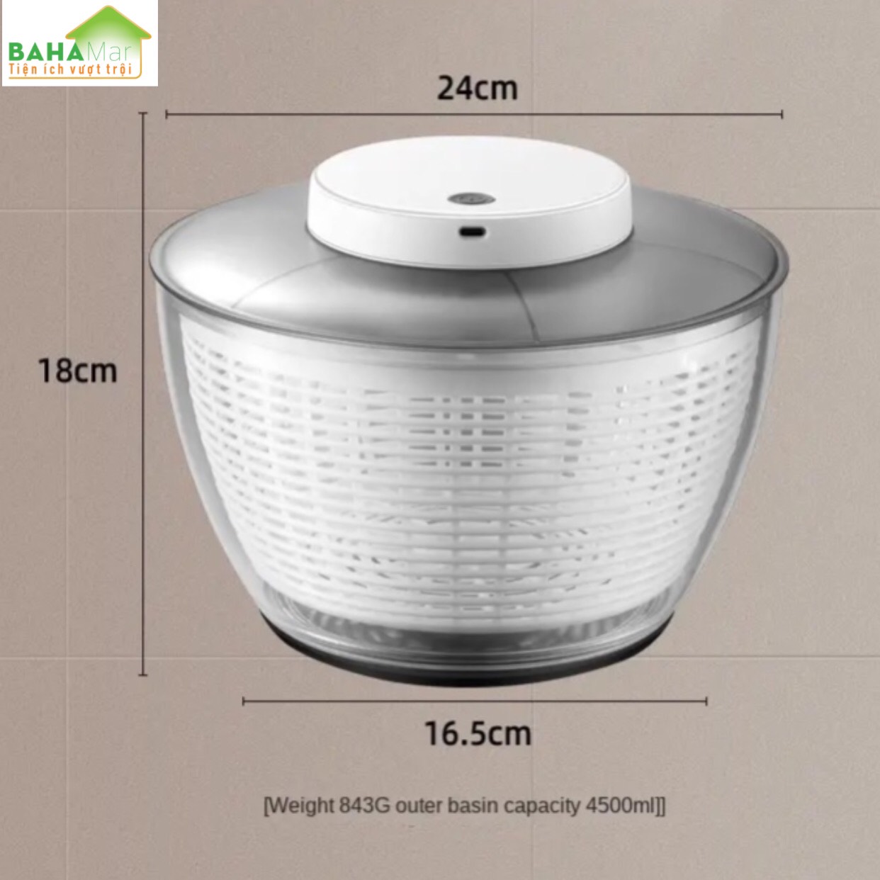 CHẬU - RỔ QUAY VẮT TÁCH NƯỚC LÀM KHÔ RAU BẰNG ĐIỆN (4.5L) &quot;BAHAMAR&quot; có thể sạc lại bằng USB, chỉ cần bật nút nguồn để khởi động và tự động dừng sau 20 giây.  Pin 1500mAh có thể sử dụng được 60 lần