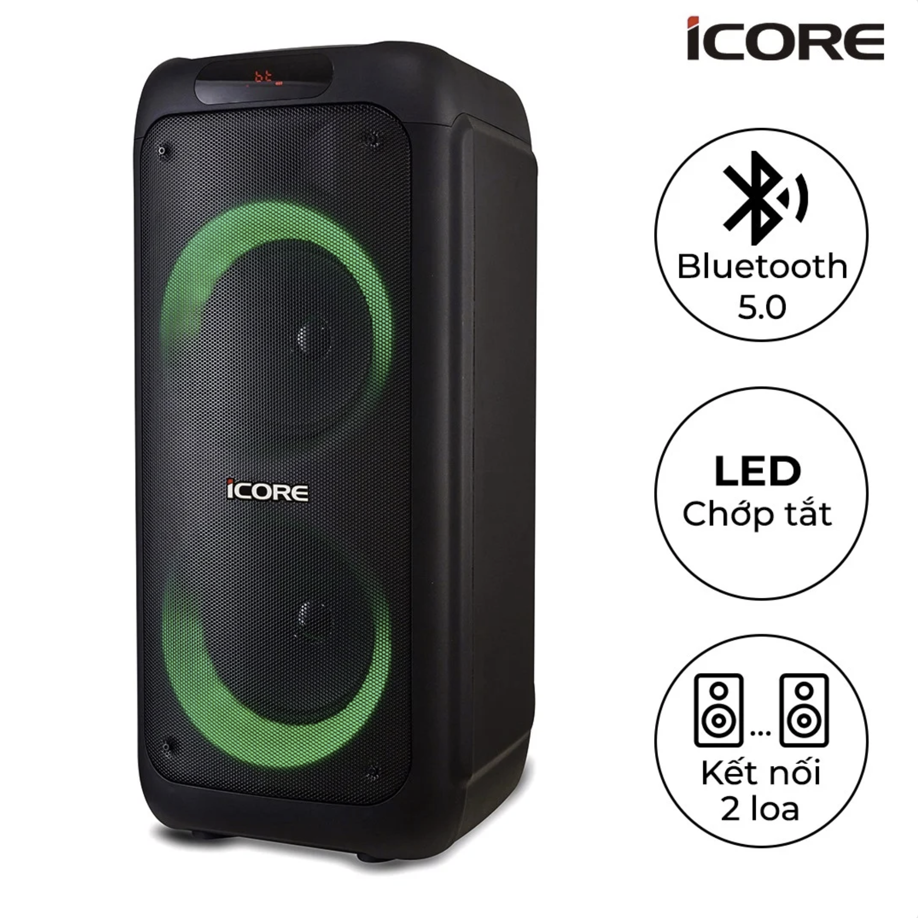 Loa Karaoke iCore i8. Loa xách tay có đèn chớp tắt. Kèm 2 Micro UHF kim loại cao cấp - Hàng Chính Hãng