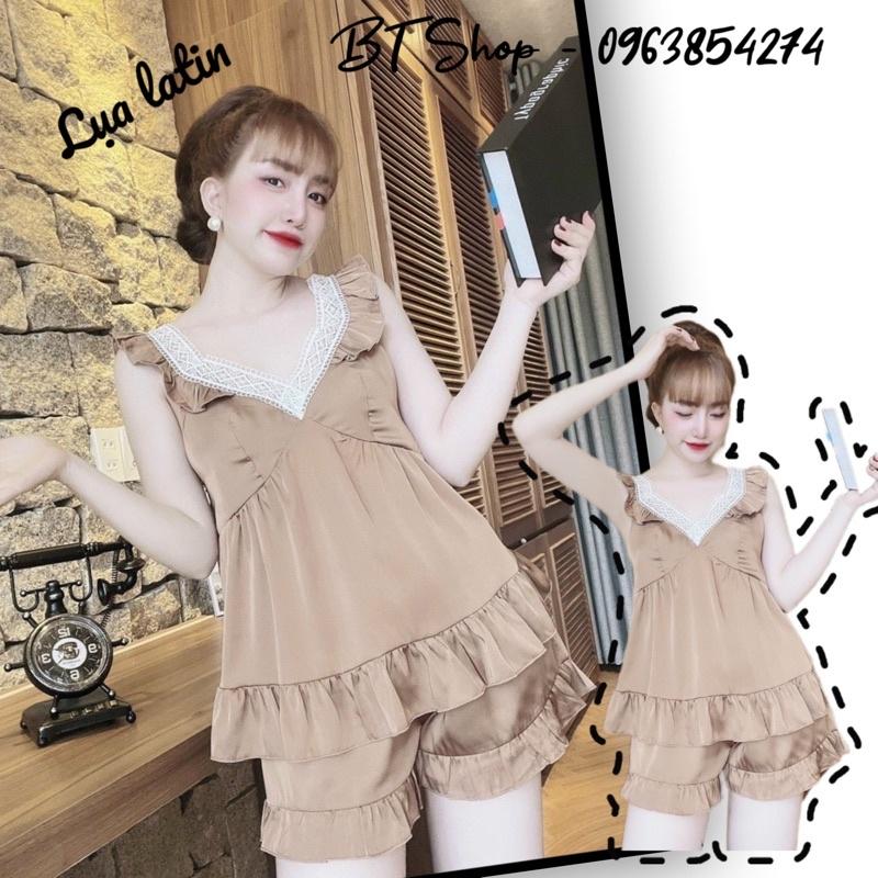 Đồ ngủ mặc nhà lụa latin cổ viền ren trơn đùi freesize 42-57kg