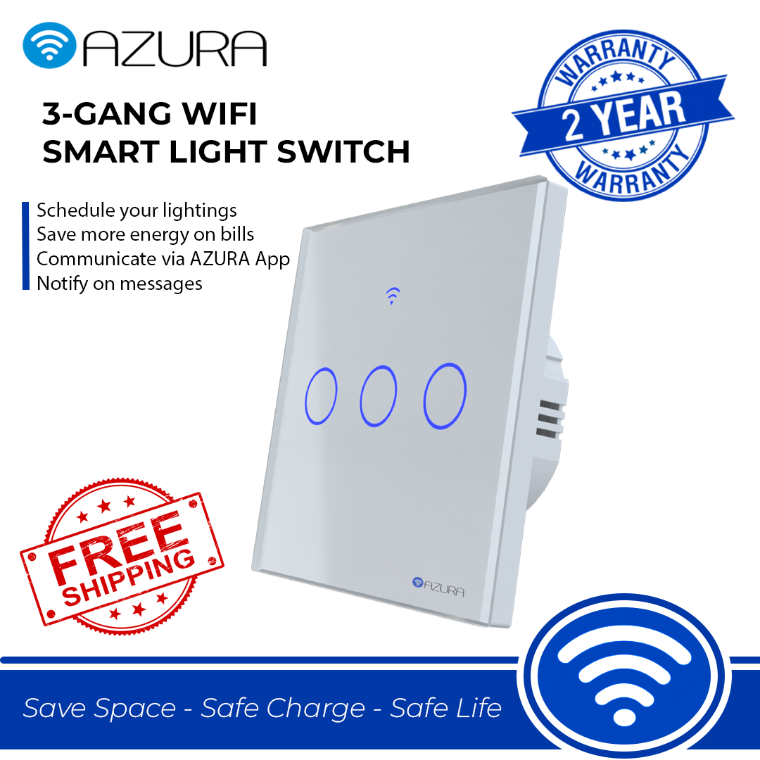 Công tắc điện Wifi 3 kênh mặt vuông AZURA - Hàng chính hãng