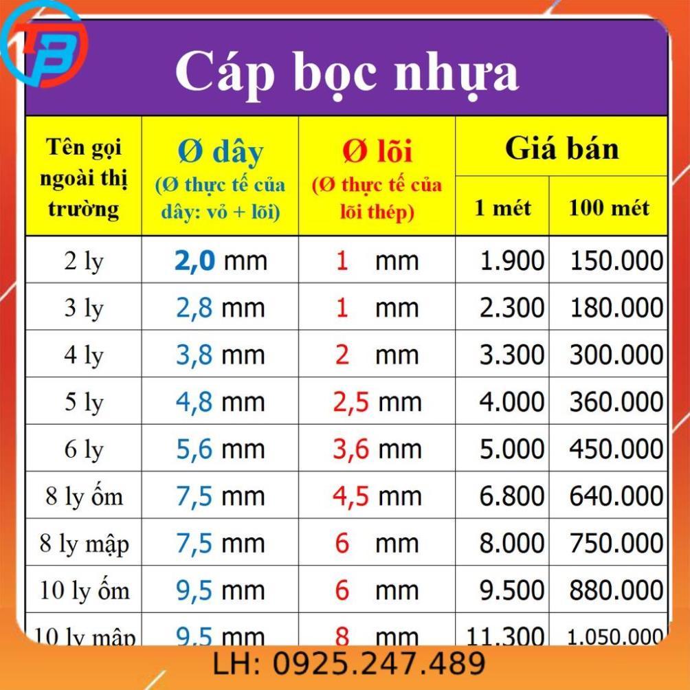 Cáp bọc nhựa  cuộn 100 mét - Size 2 ly > 6 ly THAIBINHVINA
