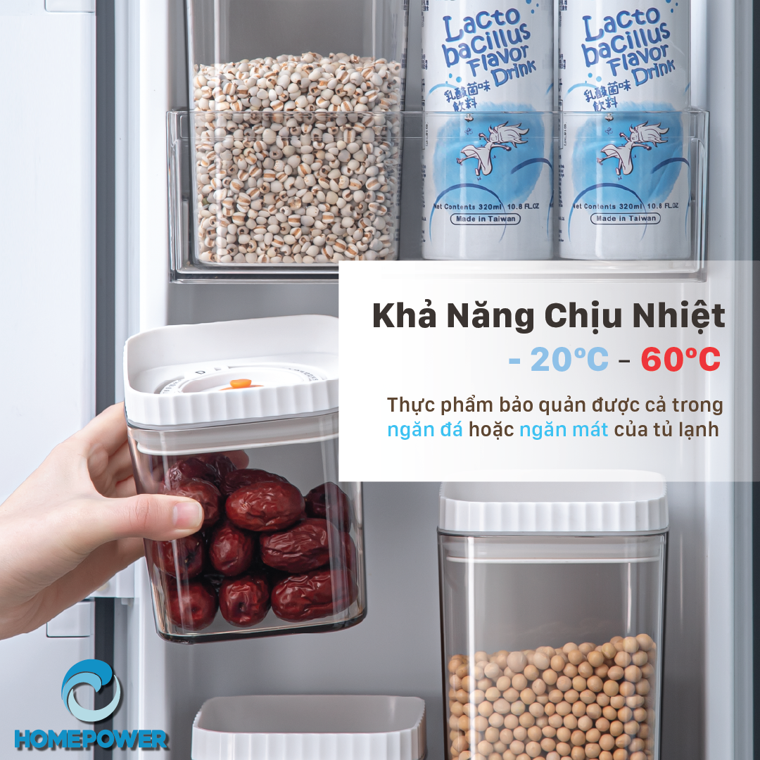 Hộp nhựa bảo quản thực phẩm khô, hộp đựng ngũ cốc hút chân không có vòng ghi chú thời gian Homepower chống ẩm mốc mối mọt