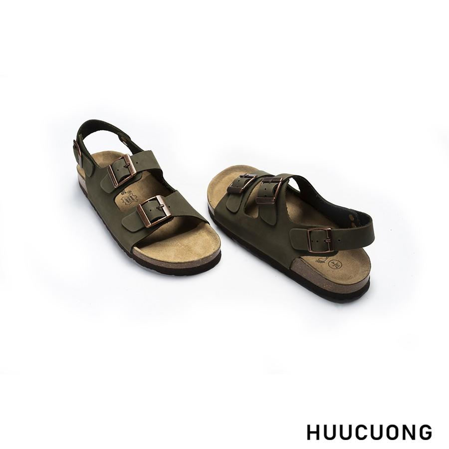 Sandal Unisex Huucuong 2 khóa da bò rêu đế trấu handmade