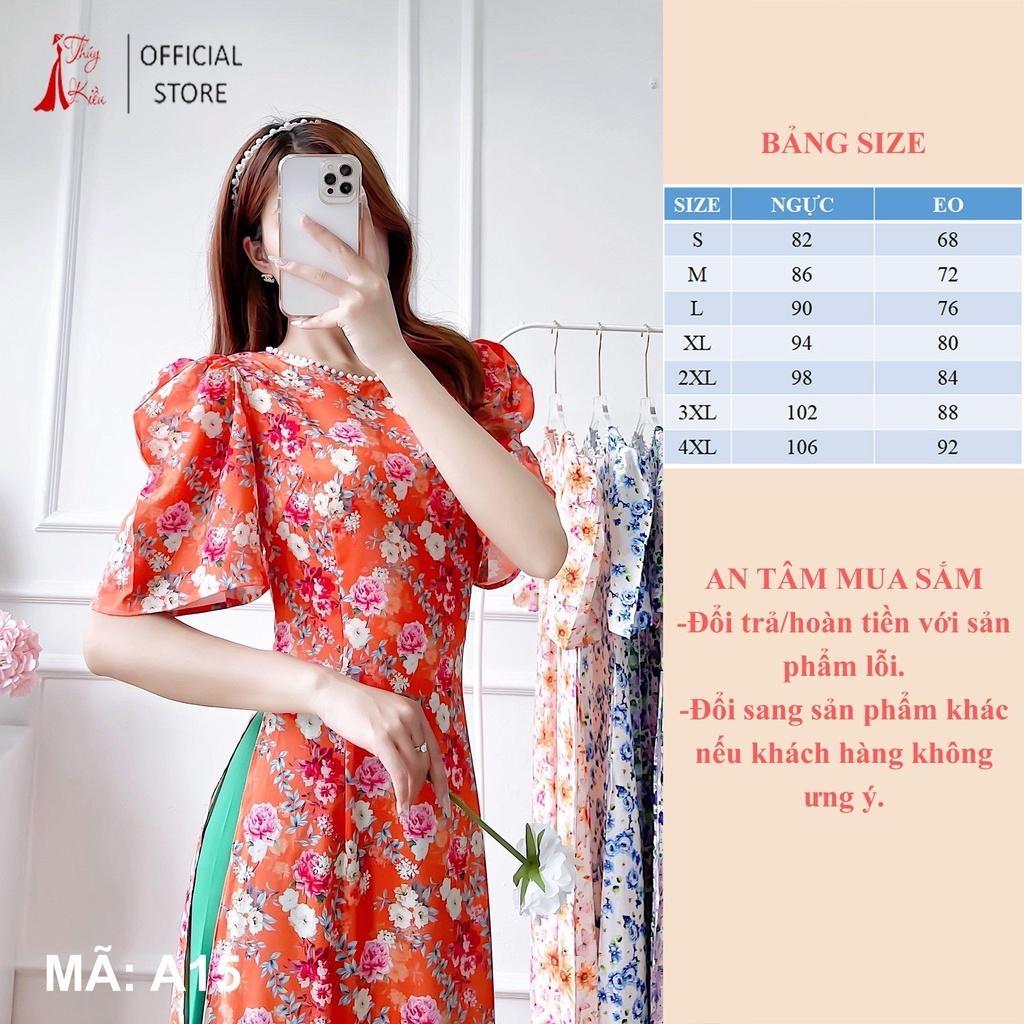 Áo dài nữ thiết kế hoa nhí A15 tay loe nền cam cổ đính ngọc đi dạy lễ tết cưới đẹp
