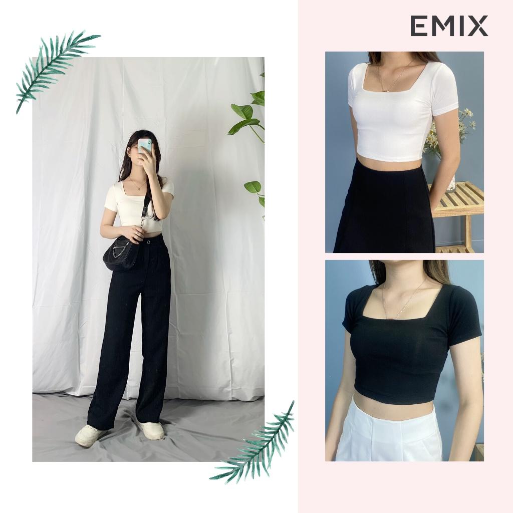 Áo thun croptop nữ EMIX (2 màu), dài 40cm, ngắn tay, cổ vuông, ôm eo, chất díp co giãn, mềm mát, tôn dáng