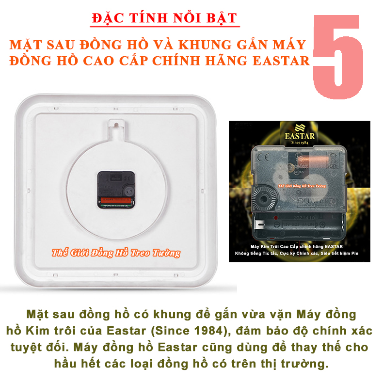 Đồng Hồ Treo Tường KIM TRÔI EASTAR Cao Cấp Mặt Vuông, Viền kim tuyến, Số nổi Ánh kim - Tặng Pin Maxell - BH 1 Năm - Decor Trang Trí Nhà  - ĐH Vuông Trắng 30cm