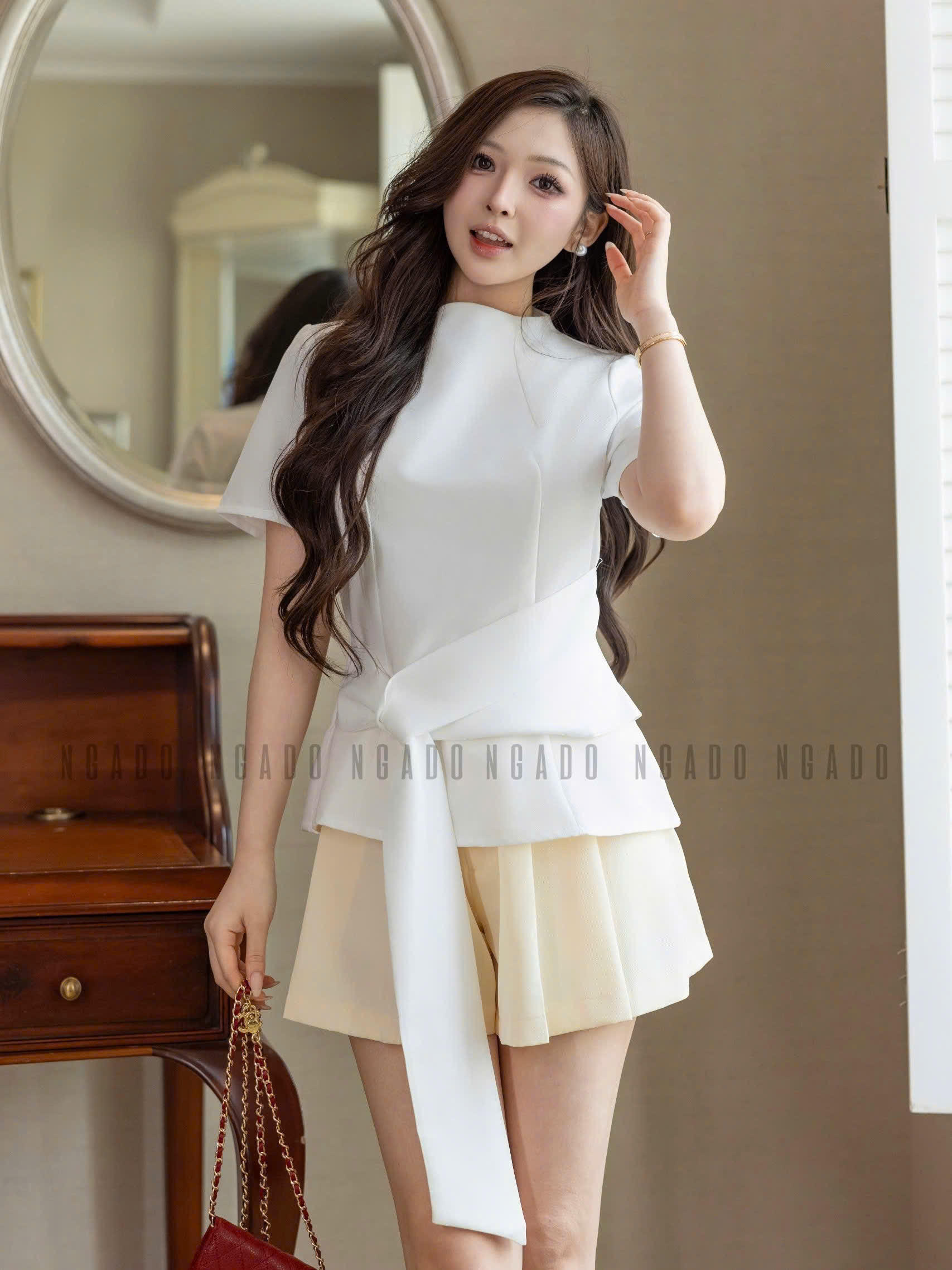 Áo trắng cột eo NGADO , Áo nữ kiểu , Áo công sở , Áo đi học , Áo thiết kế