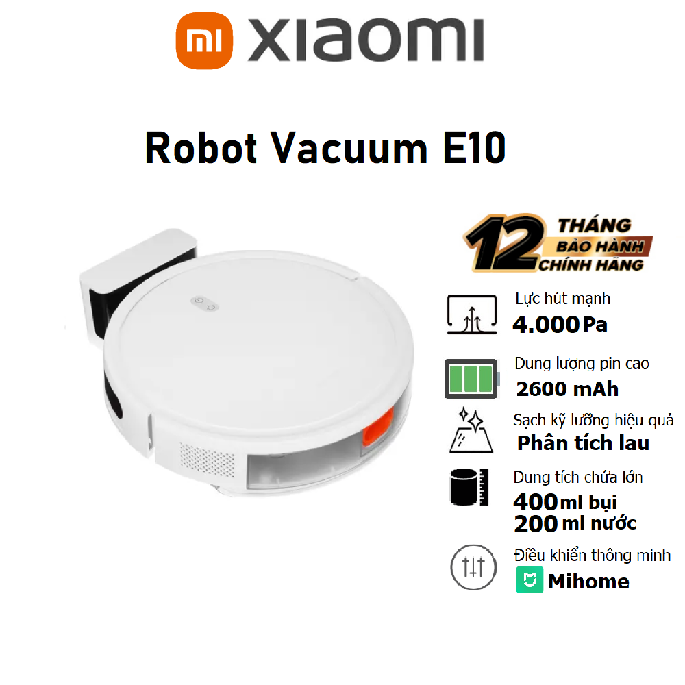 Robot hút bụi lau nhà Xiaomi Robot Vacuum E10 Lực hút 4000Pa Bản quốc tế - Hàng chính hãng